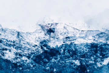 Abstract painting of mountain in blue tone, Digital watercolor painting