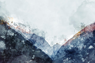 Abstract painting of mountain ranges in blue tone, Digital watercolor painting