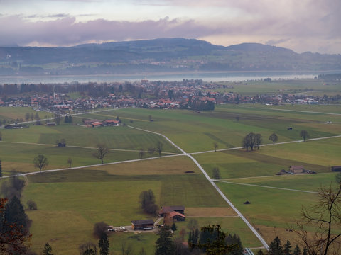 Fussen, Germany - Nov 11th, 2018: Farm village with Pollat river background from neuschwanstein castle