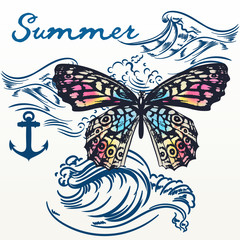 Fashion summer vector background with butterfly and ocean waves