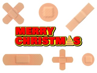 MERRY CHRISTMAS, Letter A of christmAs with Various Strips of Adhesive BANDAGE AID PLASTER
