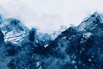 Abstract painting of mountain peaks in blue tone, Digital watercolor painting