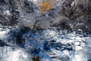 Abstract painting of valley with river in brown tone, Digital watercolor painting