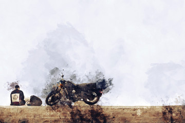 Abstract painting of motorcycle with young person in vintage tone, digital watercolor painting
