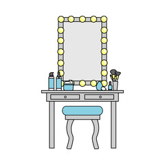 Vector flat colorful illustration of artist mirror and dressing table, chair. Cosmetic makeup accessories: cream, serum, brushes, nail polish. 
