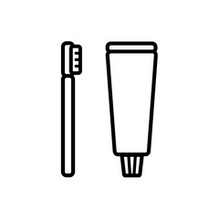 Black outline flat vector concept with icons toothpaste and toothbrush. Symbol, sign.