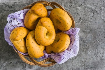 poppy bagels in a wicker basket