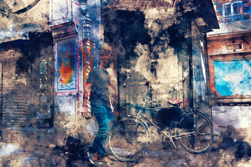 Watercolor abstract painting of bicycle with man beside wall, digital painting