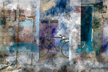 Watercolor abstract painting of bicycle beside wall, digital painting