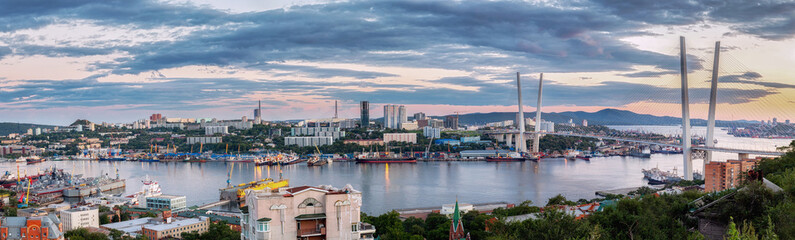 Panorama of Golden bridge and Golden Horn bay at sunset, Vladivostok, Russia
