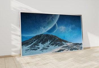 Large horizontal frame leaning on a white wall 3D rendering