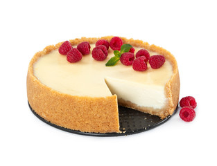Cheesecake with raspberries and mint isolated on white