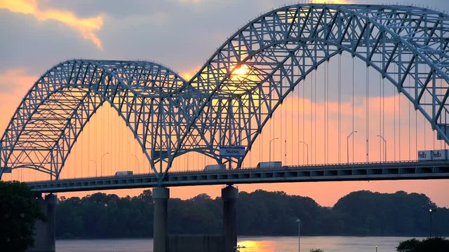 Sunset view of the New Bridge a Multi lane Highway in Southern Tennessee on Interstate 40 across the Mississippi River USA 