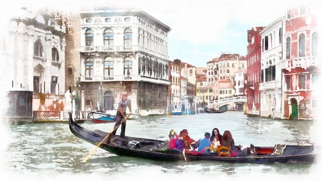 Gondola in a canal in Venice, Italy. Watercolor landscape of Venice, Italy.