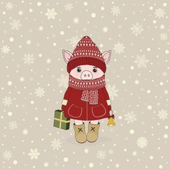 Christmas illustration with a cute cartoon piglet