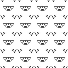 Cartoon cute watermelons on white background. Seamless pattern. Linear coloring illustration.