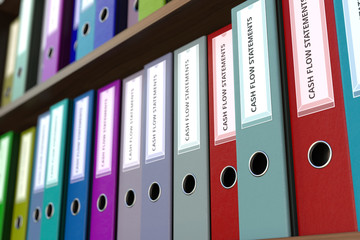 Office binders with CASH FLOW STATEMENTS inscription. 3D rendering