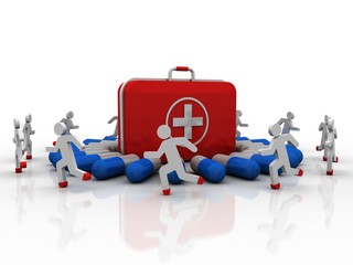 3d rendering First aid kit around doctor with pills