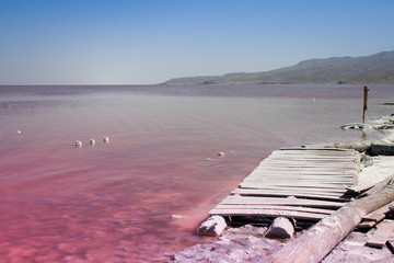 The unusual pink Lake Urmia, full of salt and a picturesque bridge