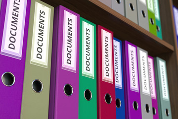 Office binders with DOCUMENTS inscription. 3D rendering