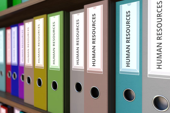 Office binders with HUMAN RESOURCES inscription. 3D rendering