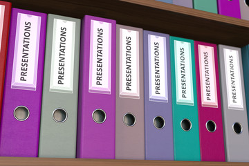 Office binders with PRESENTATIONS inscription. 3D rendering