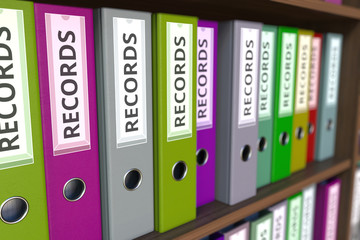 Office binders with RECORDS inscription. 3D rendering