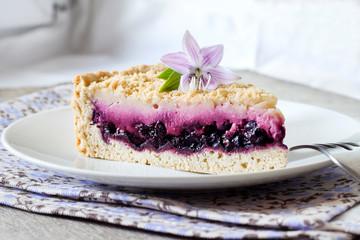 Piece of blueberry cake on a plate