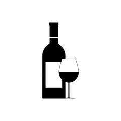 Glass and bottle of wine. Black silhouette. Vector illustration isolated on white background