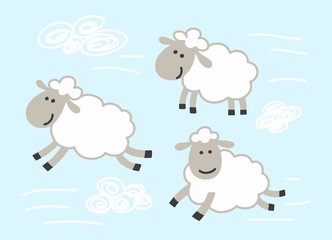 Three happy sheeps flies through the blue skies with white clouds. Vector cartoon animal cute illustration card