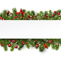 White Christmas and New Year card with fir branches, holly berries and red stars.