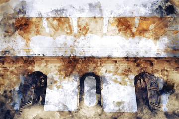Abstract painting of old palace with doors in warm tone, digital watercolor painting
