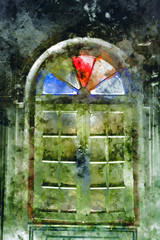 Watercolor abstract painting of vintage door, digital painting