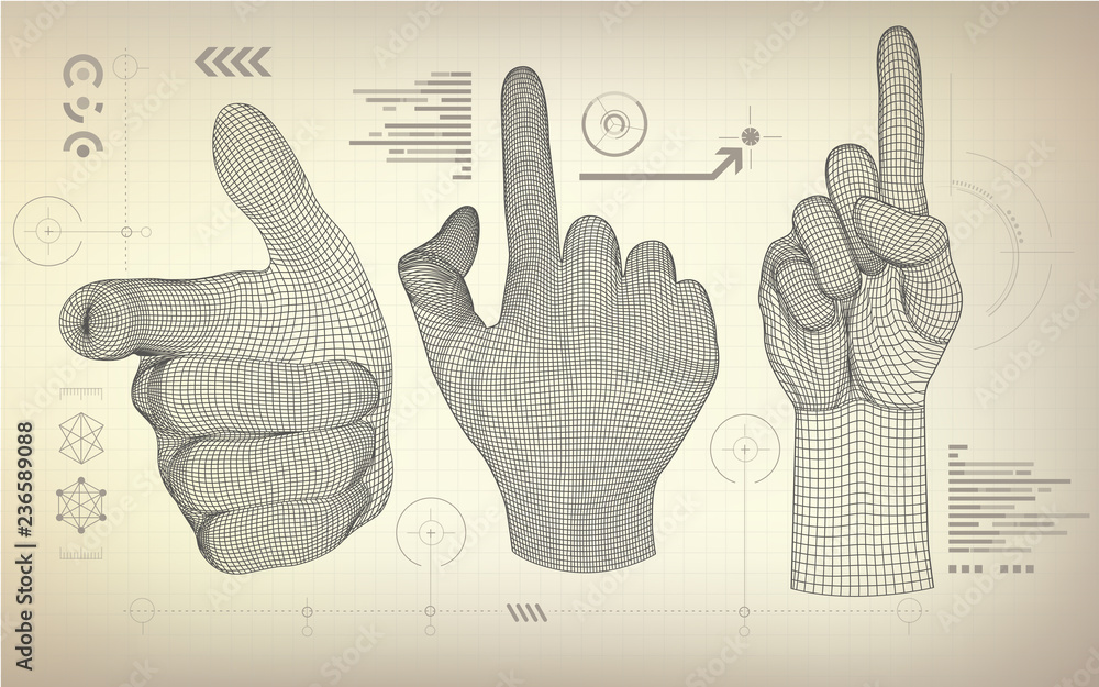Poster drawing blueprint of wireframe hand; abstract technology background;