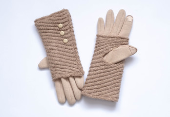 Beige gloves with touchscreen on a white background, double, textile and wool