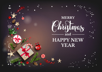 Holiday card with Christmas decorations and balls, stars, gift boxes, fir tree branches on dark background. Christmas festive template.