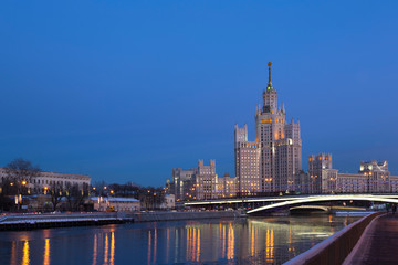 Obraz premium One of seven Stalin skyscrapers: the high-rise building on Kotelnicheskaya Embankment in night illumination, Moscow