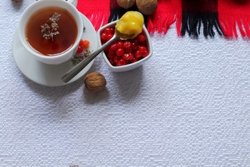 Hot tea made from medicinal plants for the treatment of colds in autumn and in winter on a white background; next to the scarf, red berries in a plate, bunch of cranberries, honey, flowers of thyme.