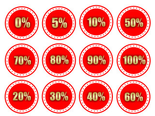 Special offer sale red circle tag with gold percentage discount number starting 0 to 100 percentage.