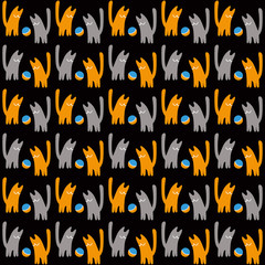 Obraz na płótnie Canvas Orange and gray cats with a ball, vector seamless pattern, a concept vector illustration on a black background
