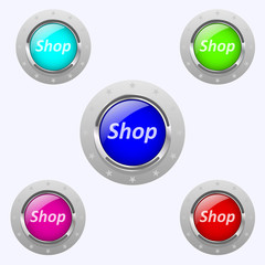 A set of round buttons, metal-framed, different colors.