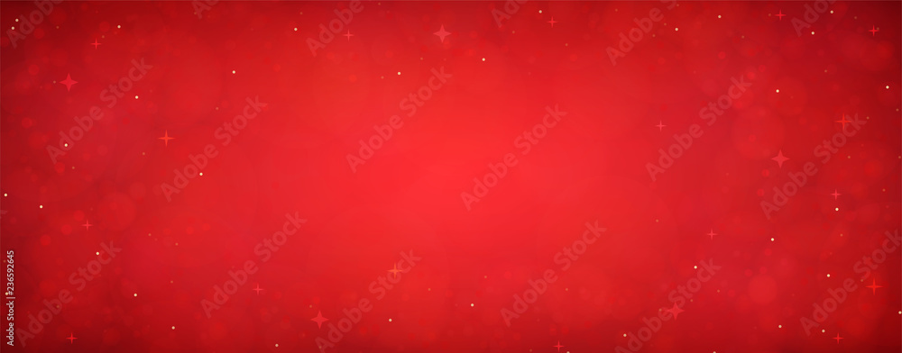 Wall mural red christmas glitter background with stars. festive glowing blurred texture.