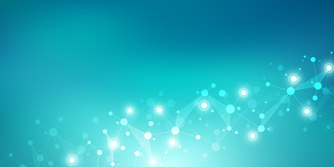 Abstract geometric texture with molecular structures and neural network. Molecules DNA and genetic research. Plexus background. Vector illustration for medical, scientific and technological design.