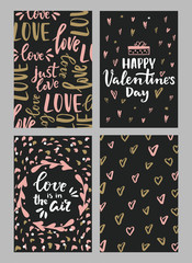 Set of Valentine's day greeting cards with hand written lettering greeting words and modern brush strokes and painted splashes decoration on background