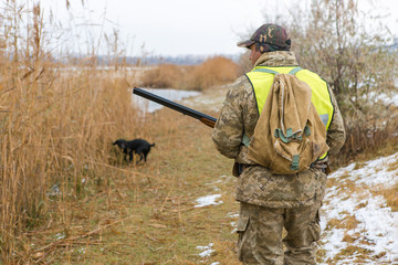 Hunter with a gun and a dog go on the first snow in the steppe, Hunting pheasant in a reflective...