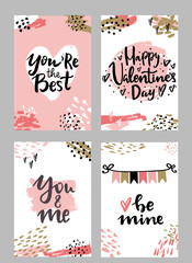 Set of Valentine's day greeting cards with hand written lettering greeting words and modern brush strokes and painted splashes decoration on background