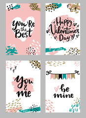 Set of Valentine's day greeting cards with hand written lettering greeting words and modern brush strokes and painted splashes decoration on background