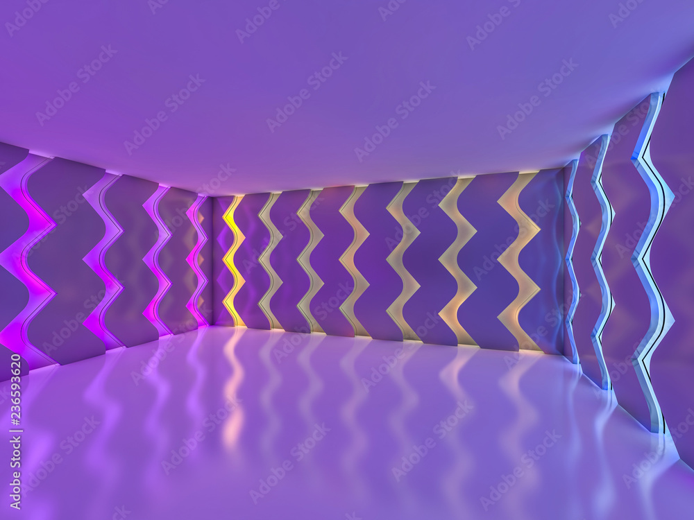 Poster background of an empty room with walls and neon light. neon rays and glow. 3d
