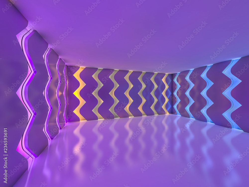 Poster background of an empty room with walls and neon light. neon rays and glow. 3d