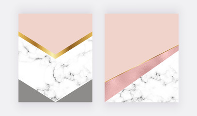 Fashion geometric backgrounds with rose gold foil and marble texture. Modern design for celebration, flyer, social media, banner, poster, invitation, birthday, wedding.